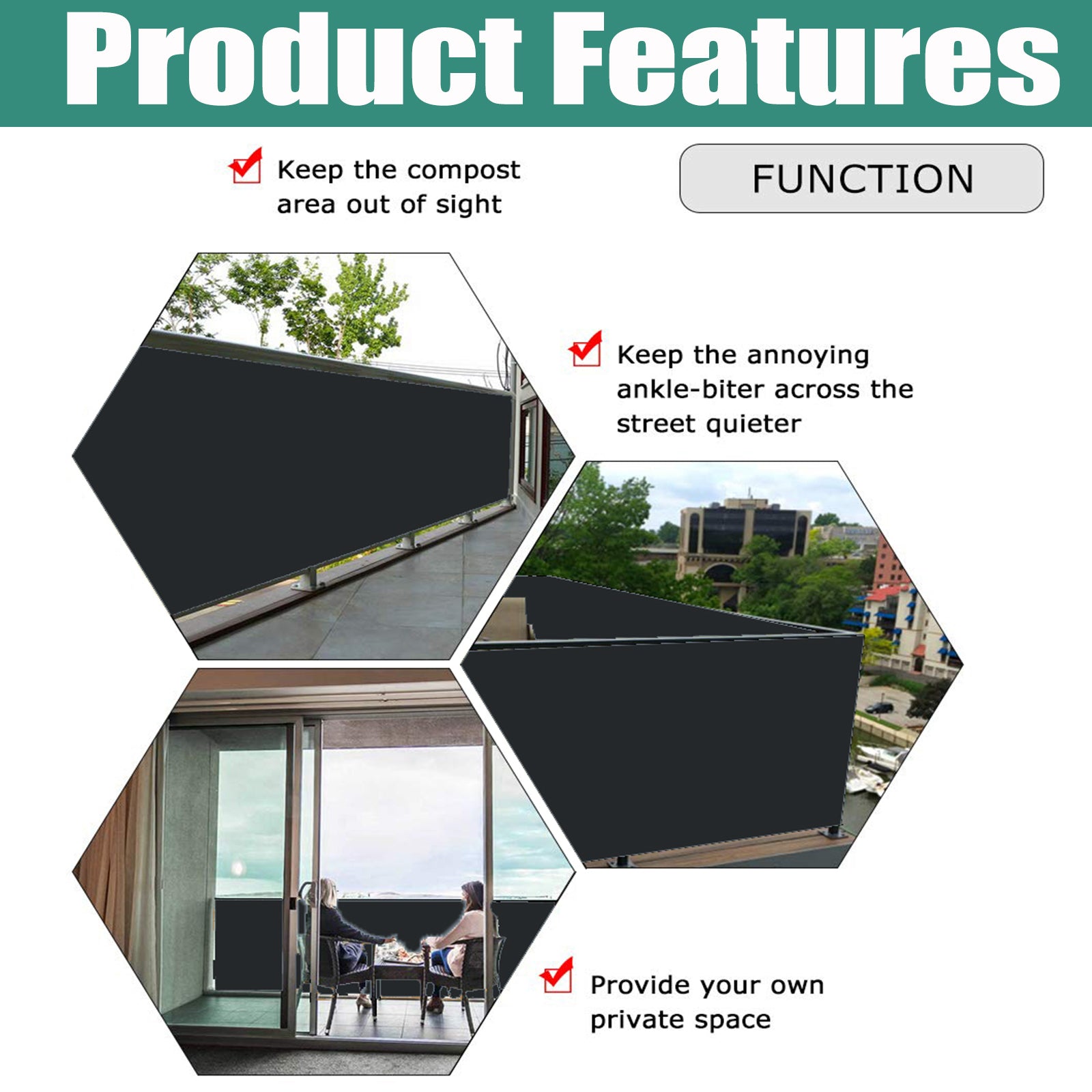 Ygann Balkon Sichtschutz PB2 PES blickdichte Balkonumspannung mit Ösen und Kabelbinder 8 Tage geliefert - in div.352 Größen & 15 Farben 420D Black