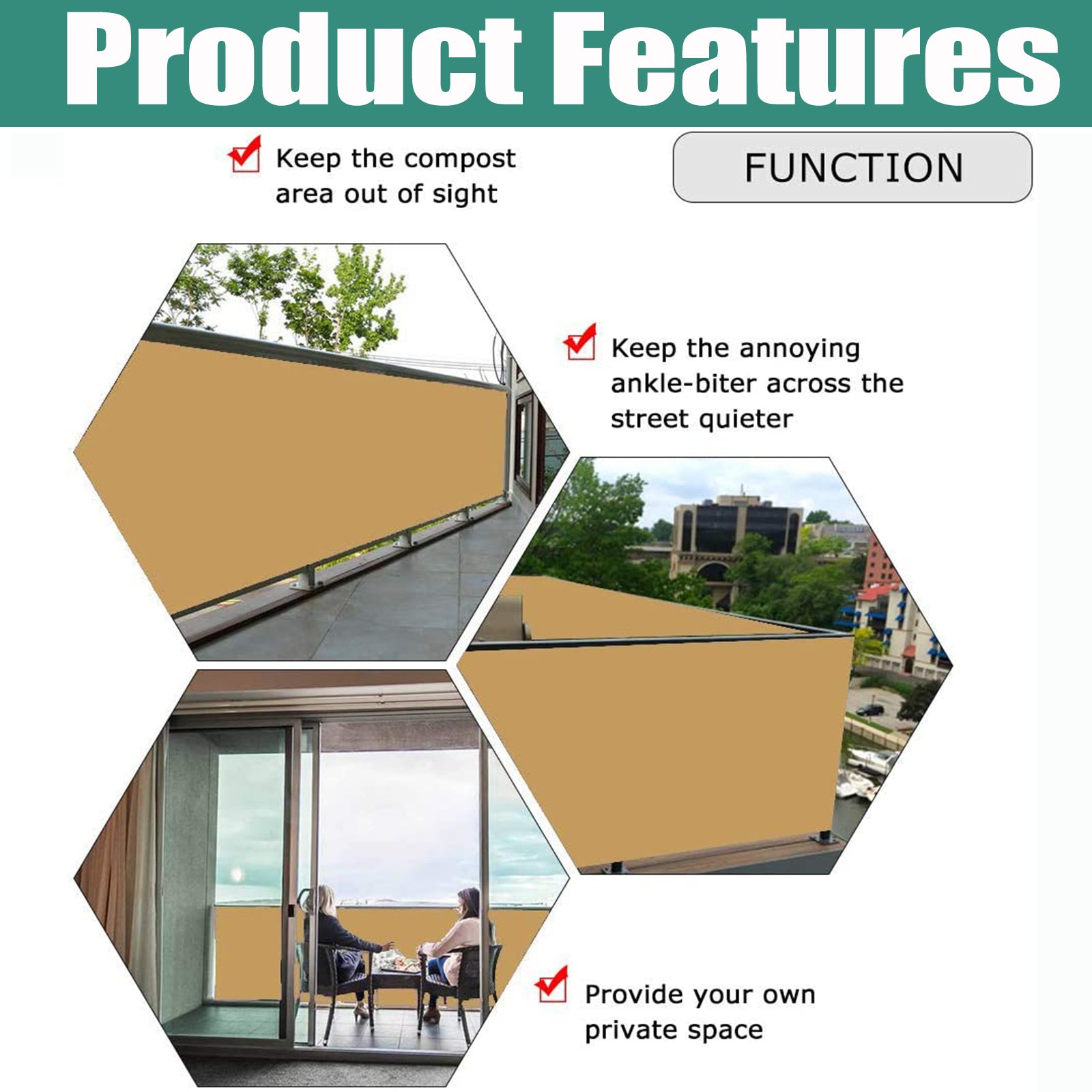 Ygann Balkon Sichtschutz PB2 PES blickdichte Balkonumspannung mit Ösen und Kabelbinder 8 Tage geliefert - in div.352 Größen & 15 Farben 420D Sand