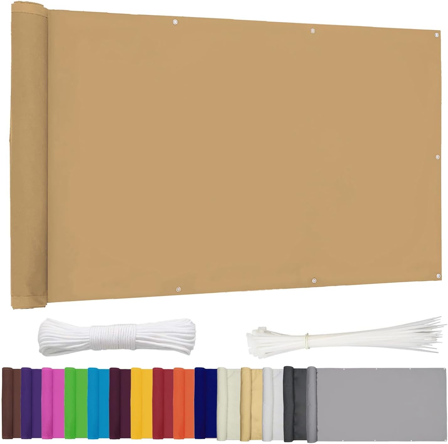 Ygann Balkon Sichtschutz PB2 PES blickdichte Balkonumspannung mit Ösen und Kabelbinder 8 Tage geliefert - in div.352 Größen & 15 Farben 420D Sand