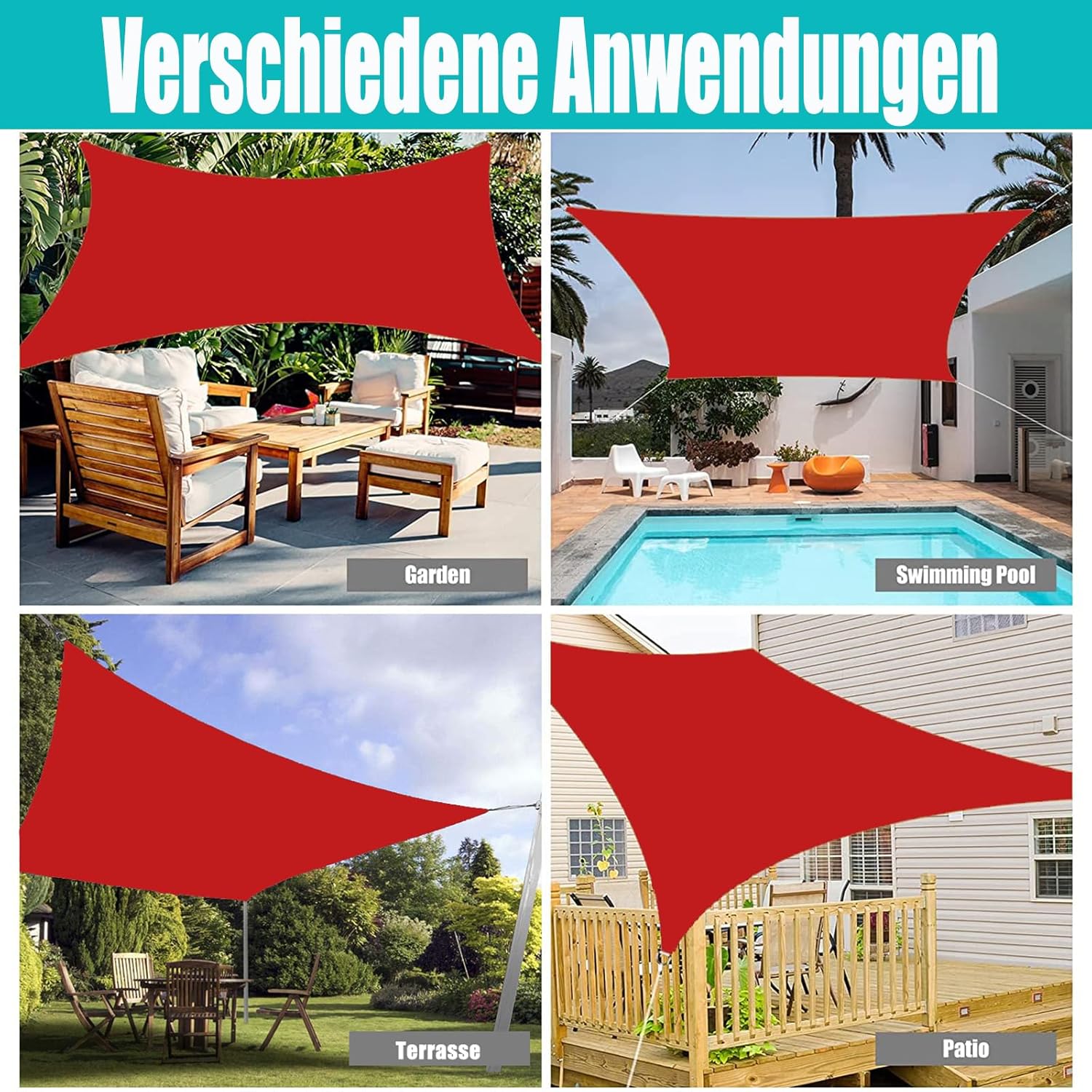 Ygann Sonnensegel Sonnenschutz Sonnendach Balkon Wetterschutz wasserabweisend Winddicht PES 420D 96% UV-Schutz für Garten Outdoor Viereck Rechteck Quadrat