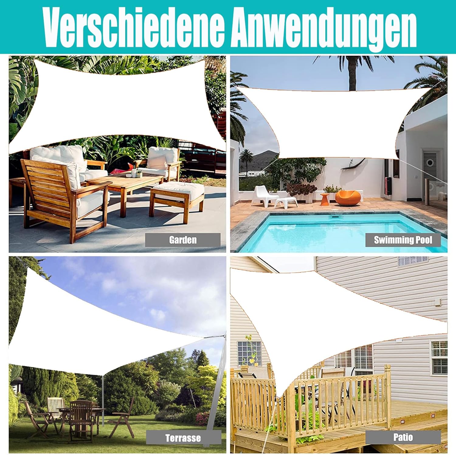 Ygann Sonnensegel Sonnenschutz Sonnendach Balkon Wetterschutz wasserabweisend Winddicht PES 420D 96% UV-Schutz für Garten Outdoor Viereck Rechteck Quadrat